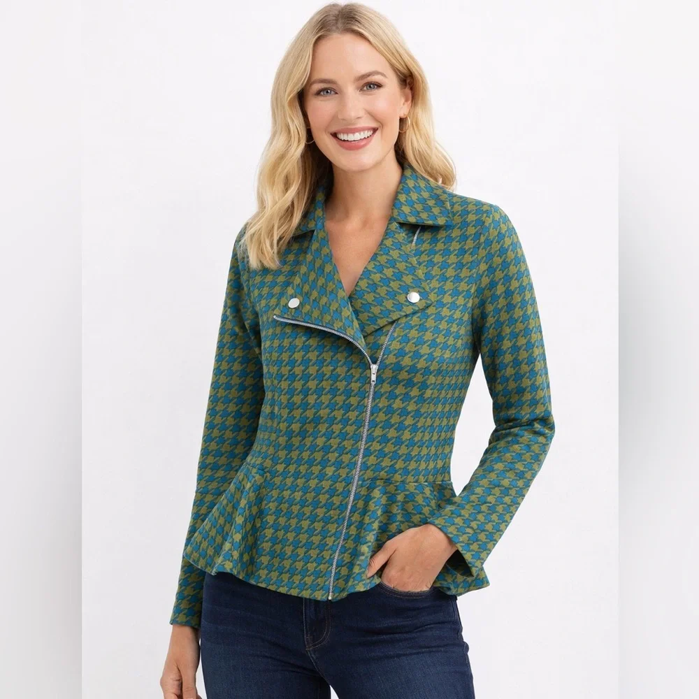 K Jordan Moto Houndstooth Blazer Jacket Top Size Small Green Blue lightweight